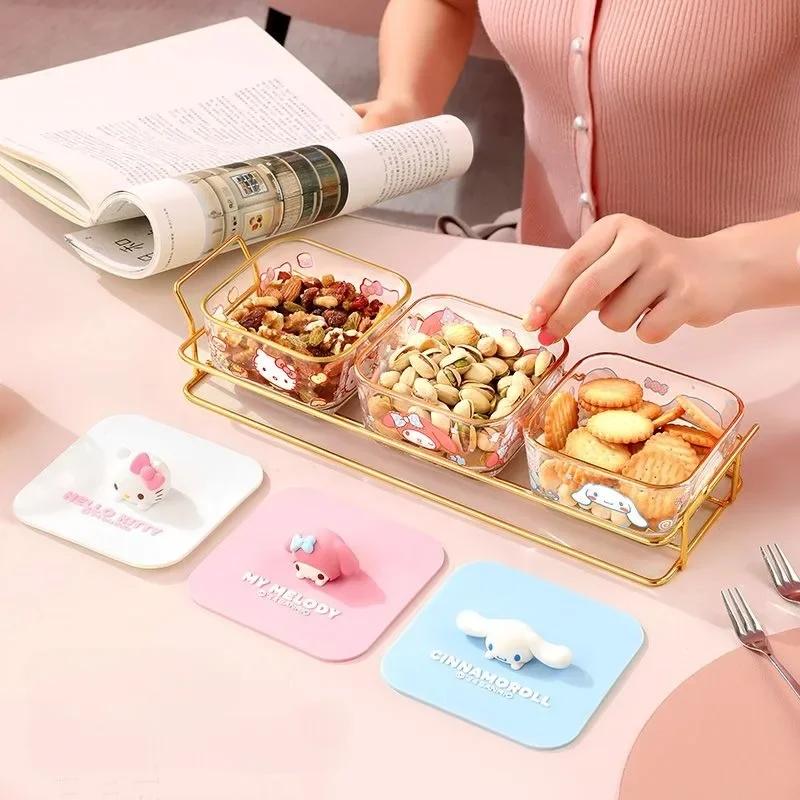 Sanrio Hello Kitty Glass Fruit Bowl Household Snack Storage Box Kawaii Anime Character Cinnamoroll Accessory Cover Dim Sum Plate