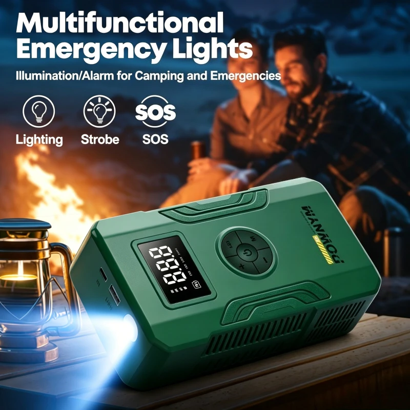 Emergency power supply with air pump, 150PSL portable car battery starter, digital tire inflation pump