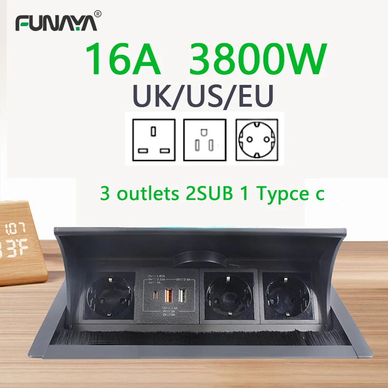 soquete de mesa escondida para escritorio desktop soquete de escova preto eua ue reino unido tomadas usb tipo c pd15w 16a 3800w 5v 3a ac110v 220v 01