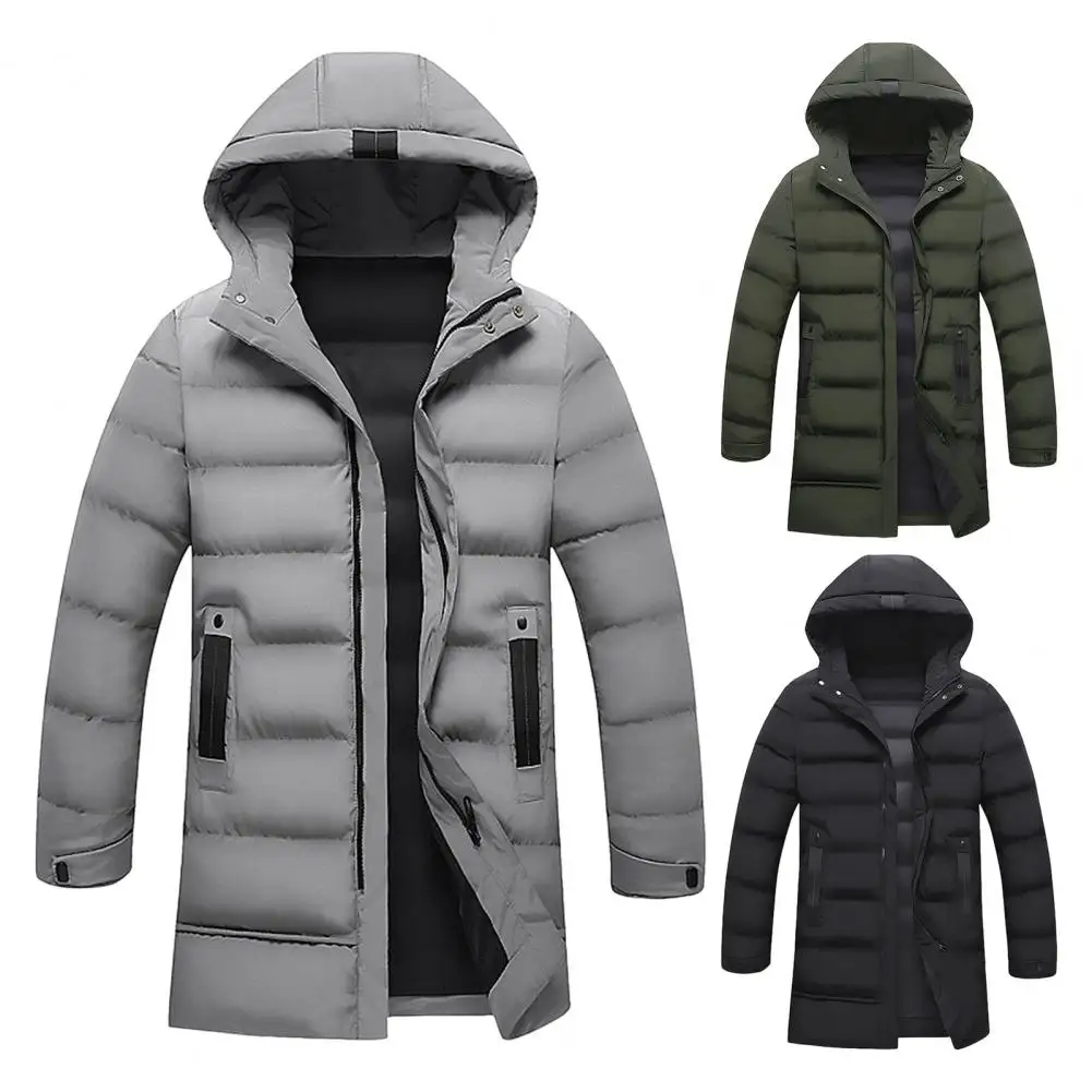 Men Hooded Jacket Men's Hooded Cotton Down Jacket With Long Sleeves Zipper Placket Pockets Solid Color Thickened For Winter