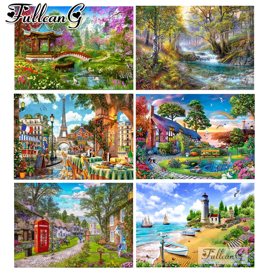 lighthouse scenery diamond painting cross stitch european garden street diy mosaic embroidery house scenery Home Decor AA3646