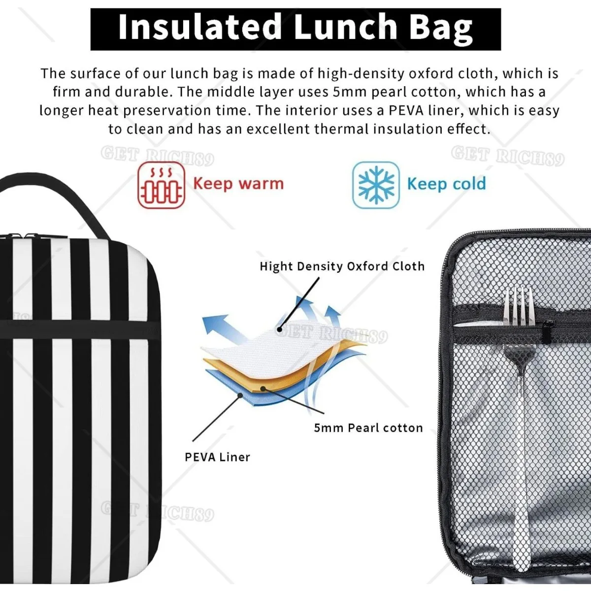 Black & White Stripe Printed Insulated Lunch Bag for Women Men Portable and Reusable Lunch Tote Large Capacity, Multi-Scene Use