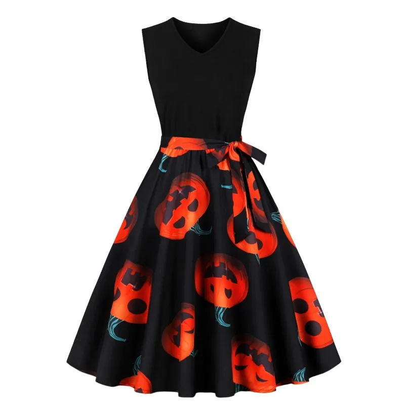 2026 New Women Halloween Sleeveless V Neck Midi Dress Black Pumpkin Print Swing Retro 50s Rockabilly Costume Party Flare Dresses