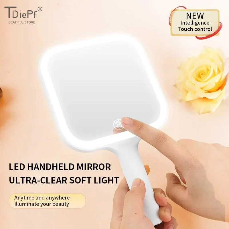 LED Smart Makeup Mirror Hand-held Carry 3 Colors Adjust Bright With Touch Screen Cosmetic Tabletop Vanty Mirror Travel Home Use