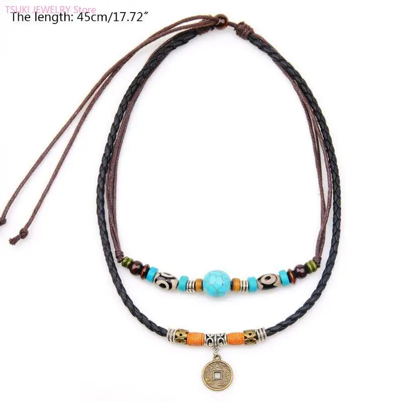 Vintage-Halskette mit Münzanhänger, schlicht, Boho-Stil, mehrlagig, türkisfarbene Perlenkette, Schmuck, Urlaub für Frauen, Ehefrau, Damen und Mädchen – Detail 4