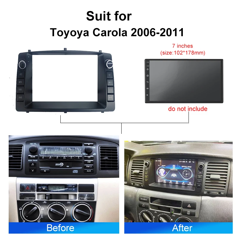 Android Car Radio Installation Fascia Frame For Toyoya Corolla 2006-2011 2din stereo Panel Dash Mount Kit wire harness cable