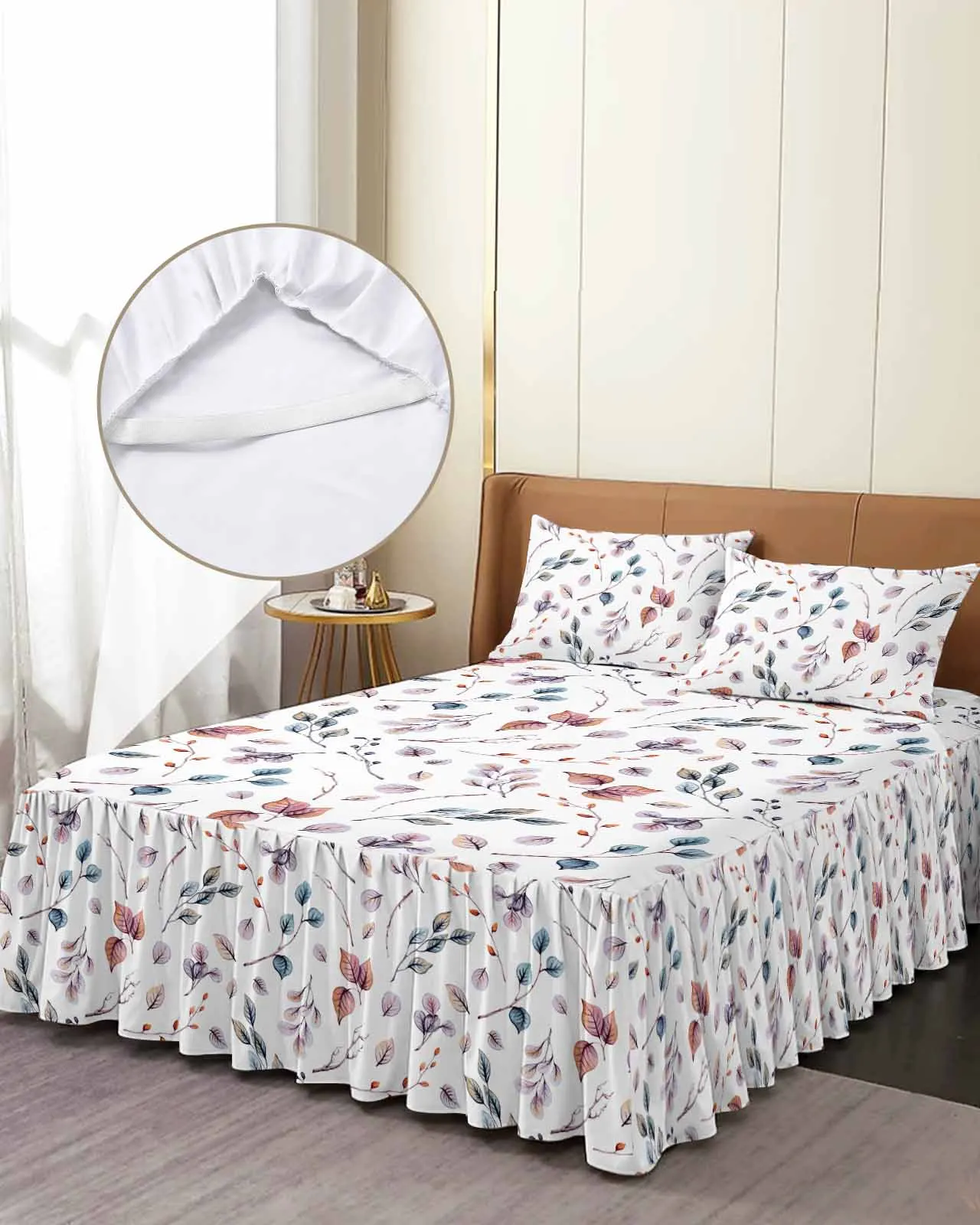 

Autumn Thanksgiving Leaf Plants Skirt Elastic Fitted Bedspread With Pillowcases Mattress Cover Bedding Set Bed Sheet