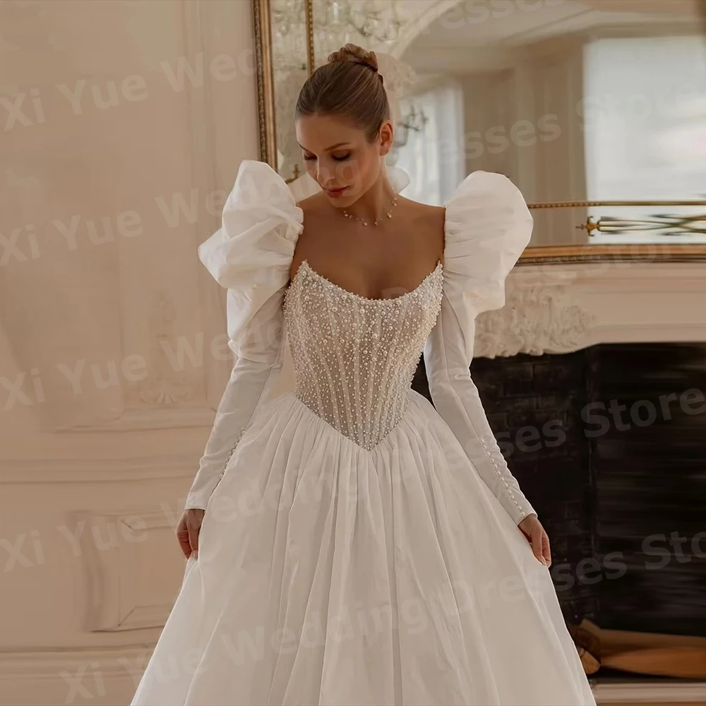 

2025 Graceful A Line Women's Long Sleeve Wedding Dresses Vestido De Novia Bride Gowns Pearl Backless Customized Robe De Mariée