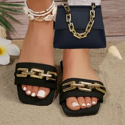 New Chain Flat Slippers For Women In Plus Size Wearing Cloth Sandals Fashionable And Trendy Gold Chain Decoration Crossbody Bag
