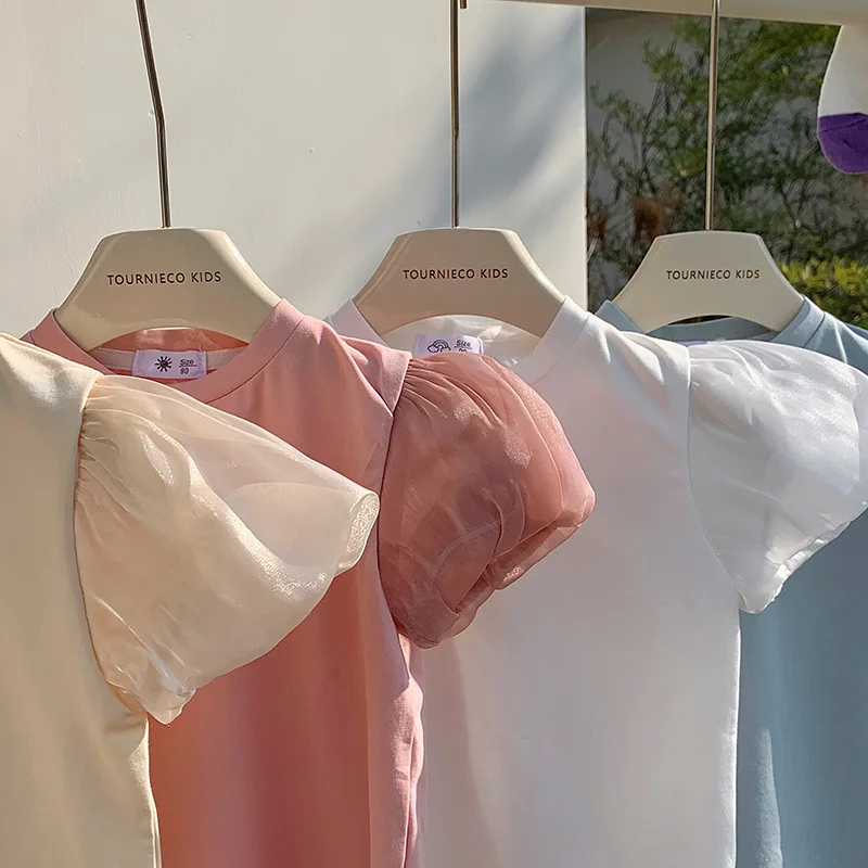 بلوزة بأكمام فقاعية بلون سادة للفتيات ، فستان الأميرة ، كم فانوس ، ريف ، كوري ، جديد ، صيف ، T ، من من من من قطعة واحدة