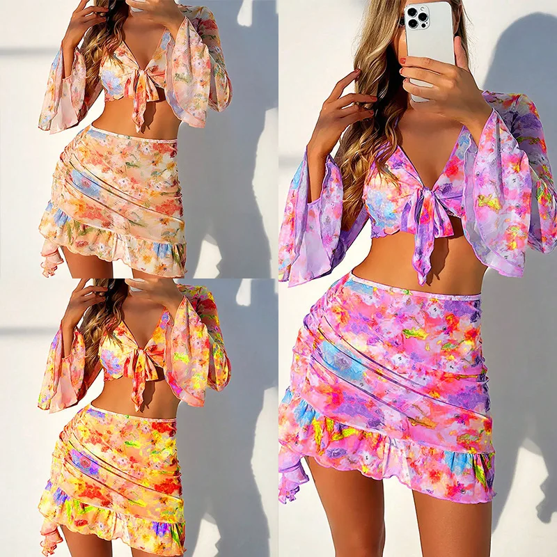 

Printed Trendy Beach Dress Bikini Long Sleeved Cover Up Sun Protection Four Piece Set Swimsuit Women's Swimming Clothing