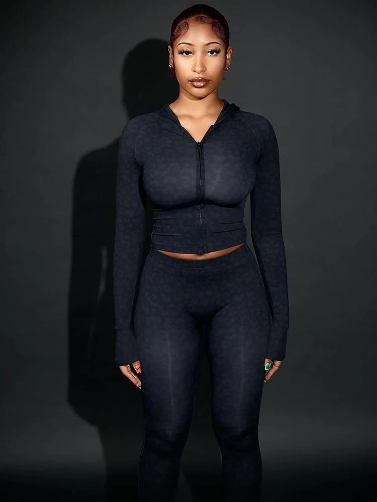 Weird Puss Leopardenmuster 2-teiliges Set Damen-Trainingsanzug mit Reißverschluss, Kapuzenjacke + Leggings, passende Skinny Stretch Street Casual Outfits