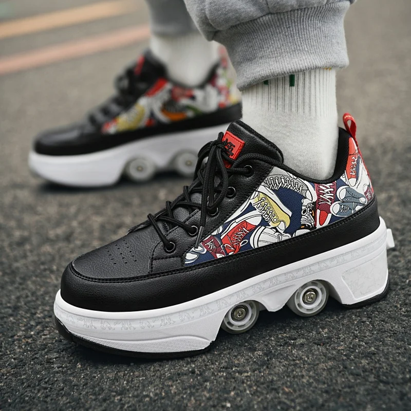 

4 Wheel Telescopic Deformation Shoes With Brakes, Swivel Buckle Roller Skates, Breathable Mesh Sneakers Skates For Men And Women