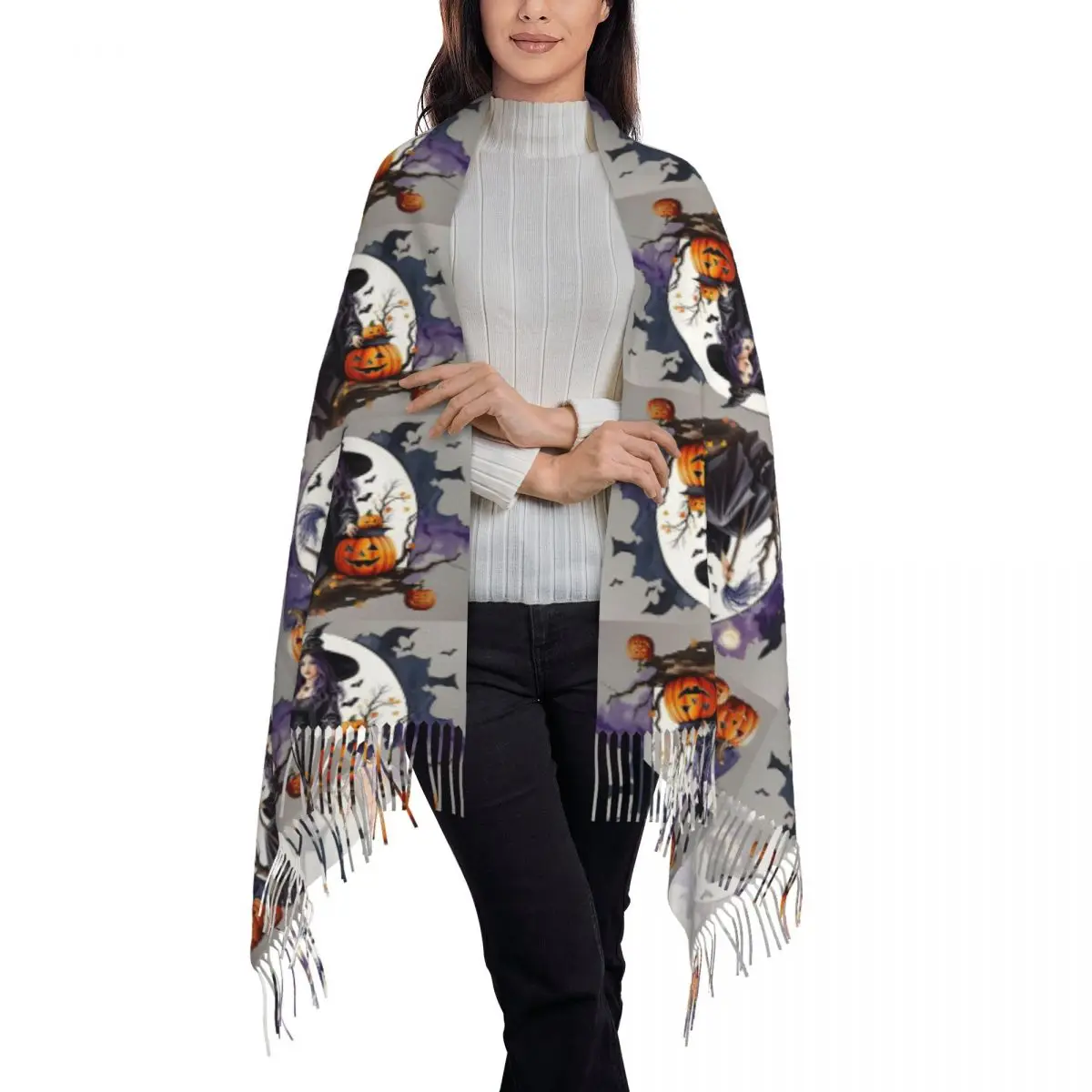 Witch Halloween Scarf Tassel Scarves for Women Soft Warm Shawls and Wraps Large Fall Winter Shawl Wrap