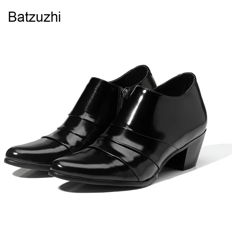 

Batzuzhi 6CM High Heels Ankle Shoes Men Pointed Toe Zip Black Leather Shoes for Men Party/Wedding/Business, Sizes 37-44