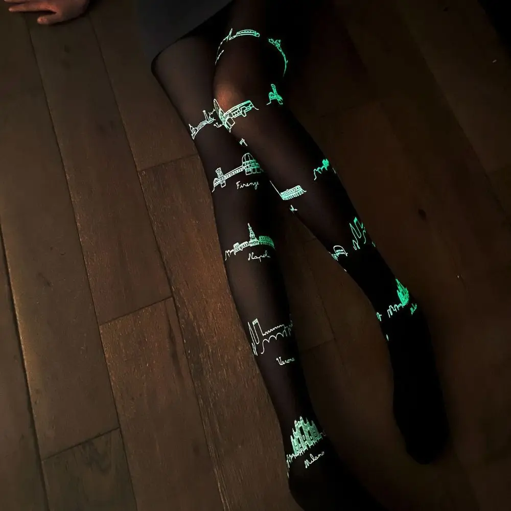 

Seamless Glow in The Dark Luminous Pantyhose Butterfly Heart Pattern Printing Tights Elastic Balck Sexy Pantyhose Daily