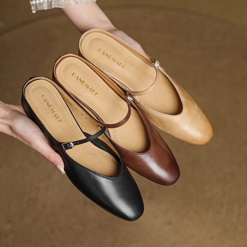 2026 new summer women sandals natural leather plus size 22-25cm cowhide+pigskin round toe buckle mules low heel women shoes