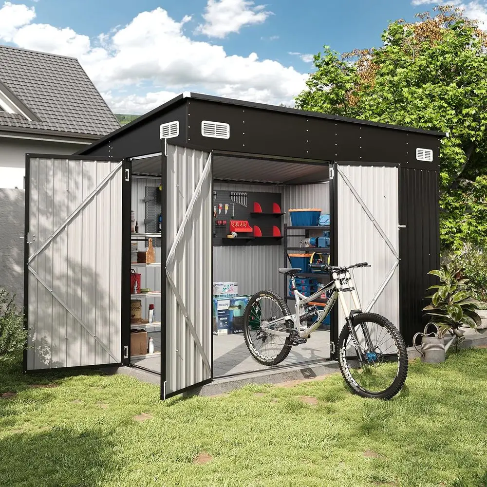 9.4 ft x 7.3 ft Waterproof Outdoor Metal Storage Shed with Triple Lockable Door for Garden Tools
