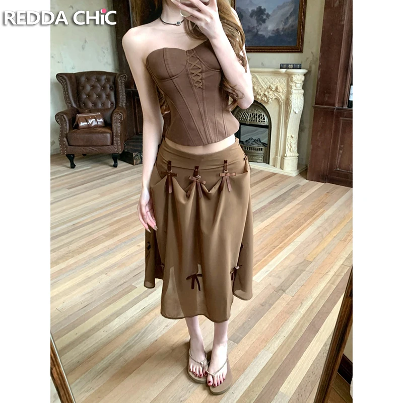 

REDDACHiC Многосторонняя женская верхняя юбка Комплект на молнии с косточками Топ с бантом и рюшами из шифона Прозрачная длинная юбка Одежда в стиле пастушки в стиле ретро