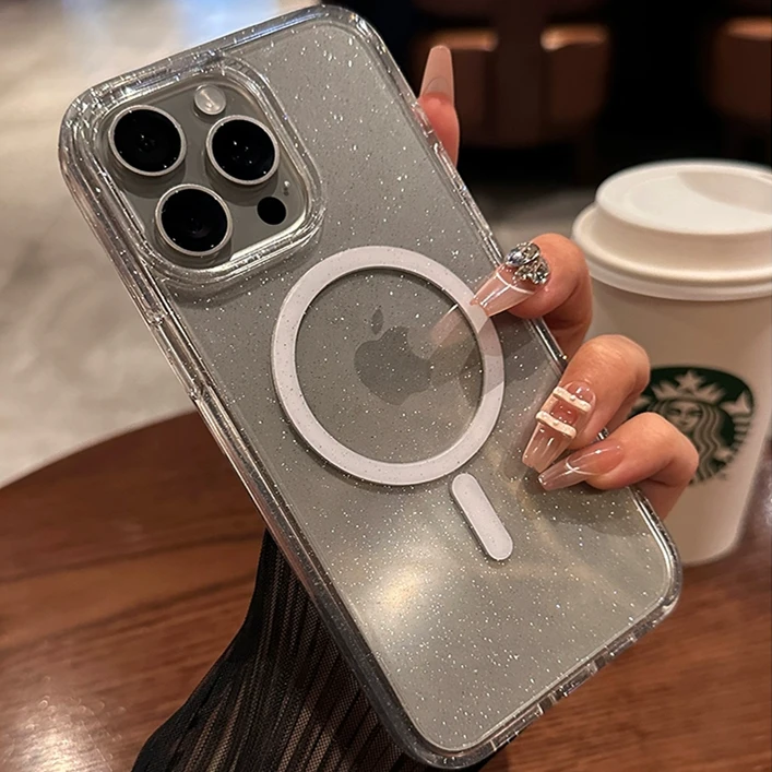 Luxury Bling Glitter ForMagsafe Wireless Charge Magnetic Case foriPhone 15 14 Plus 13 12 11 Pro Max Clear Hard Acrylic Cover