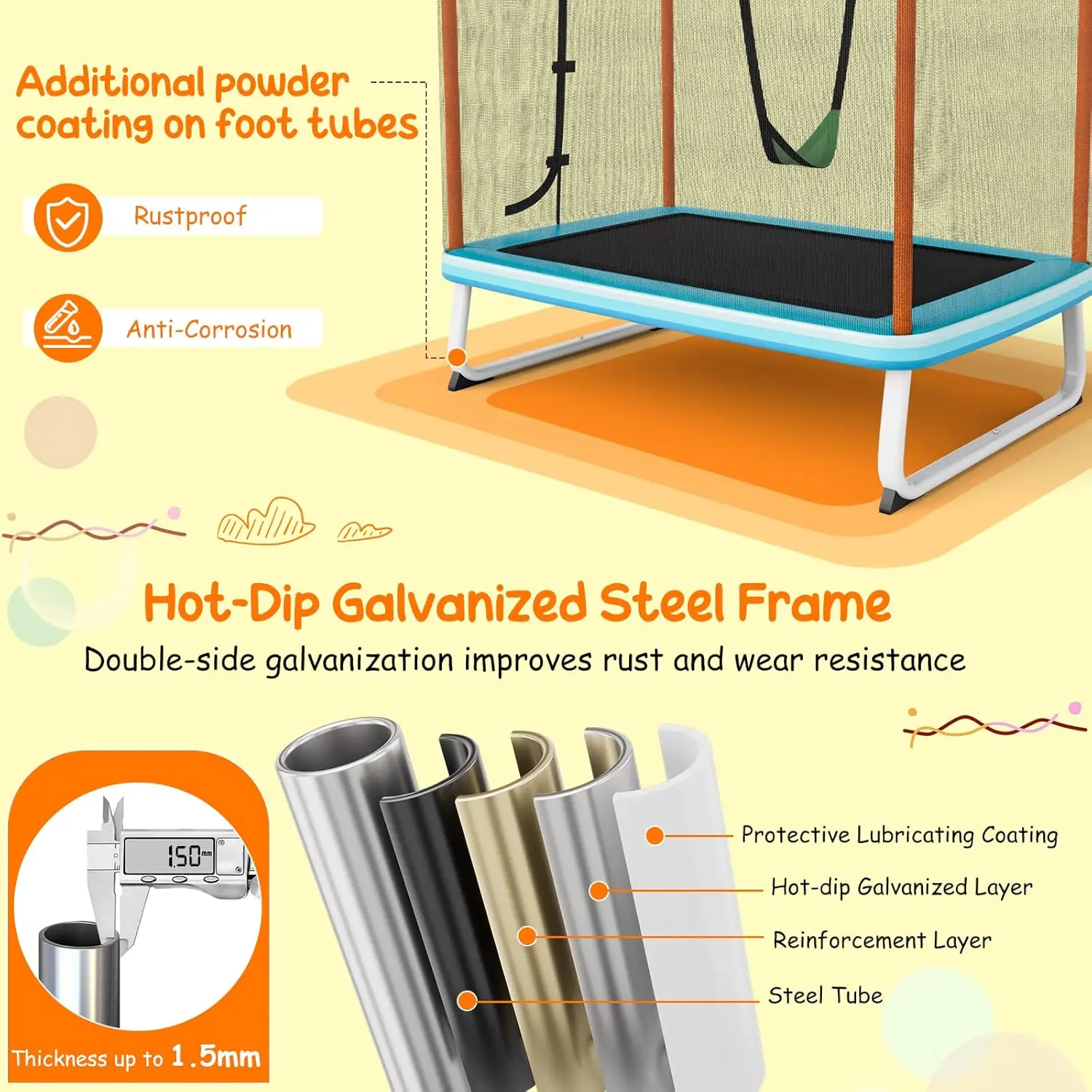 Trampoline for Kids, 75” ASTM Approved Recreational Trampolines with Swing, Horizontal Bar & Enclosure Net, Mini Rectangle