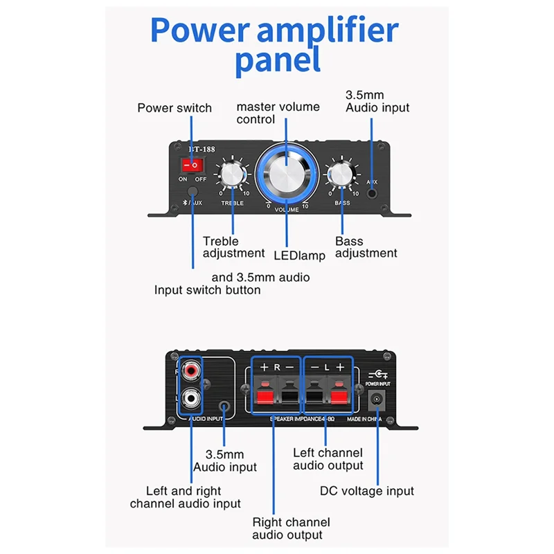 A69Z BT-188 Digital Bluetooth Amplifier Mini 2-Channel Output Home Computer Audio Amplifier 12V Car