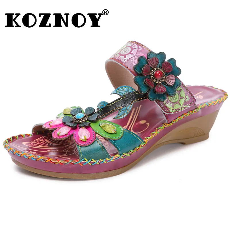 Koznoy 3.5cm Women Summer Slippers Genuine Leather Ethnic Flats Appliques Flower Platform Comfy Women Fashion Ladies Hook Shoes