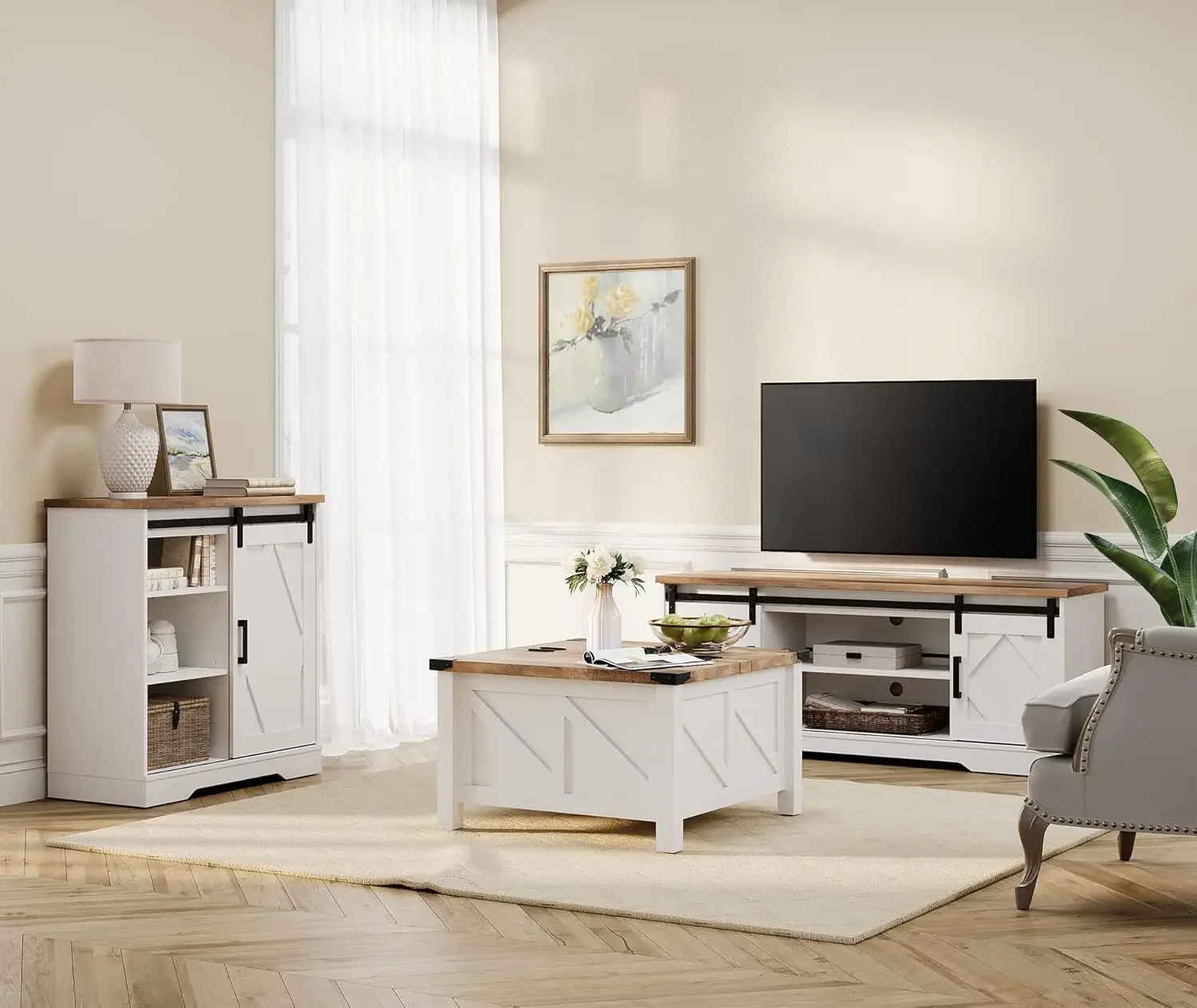 Conjunto de muebles de salón, mesa de centro estilo granja de 3 con gabinete de almacenamiento, soporte para TV con puerta corrediza de granero, blanco
