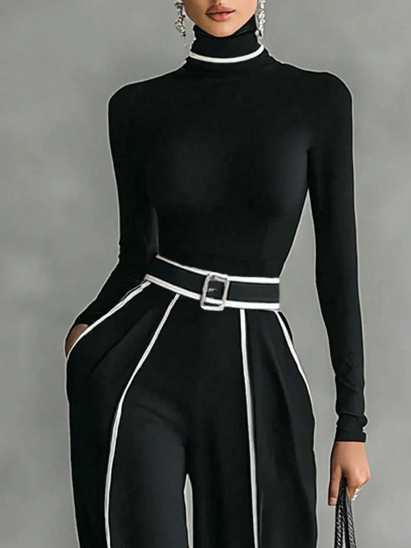 

Elegant Women Two Piece High Neck Long Sleeve Top And Belted Wide Leg Pants Set With White Trim