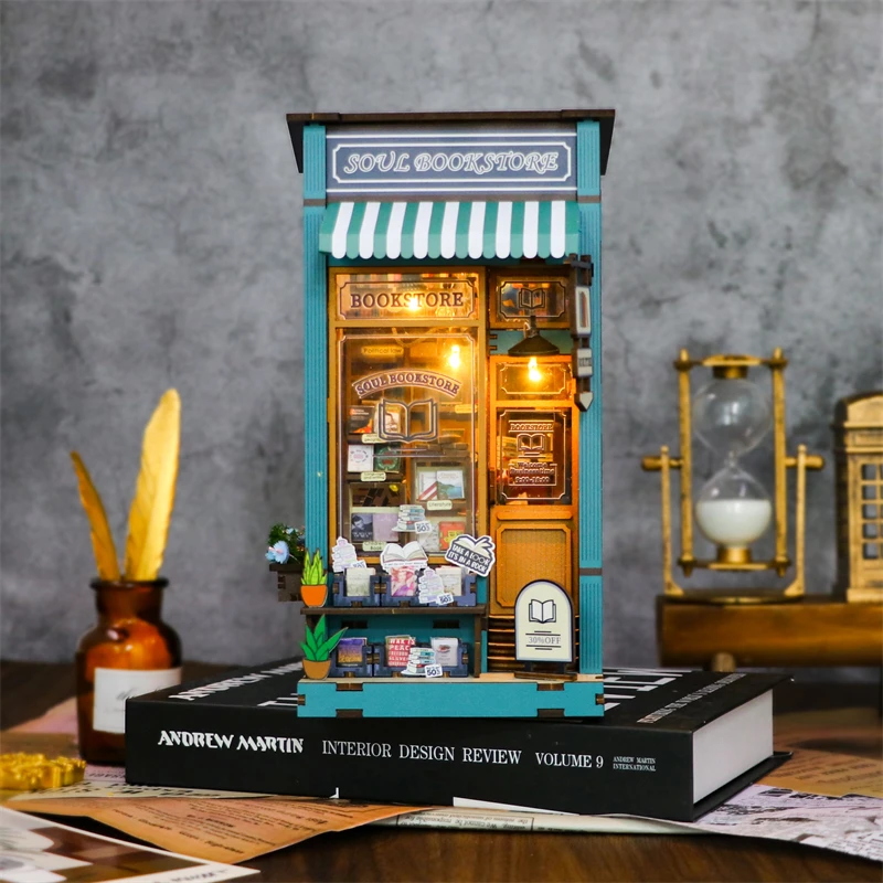 

Retro Soul Bookstore DIY Wooden Book Nook Figurines Miniatures Kits Bookshelf Home Bookend Decoration For Adult Handmade Gifts