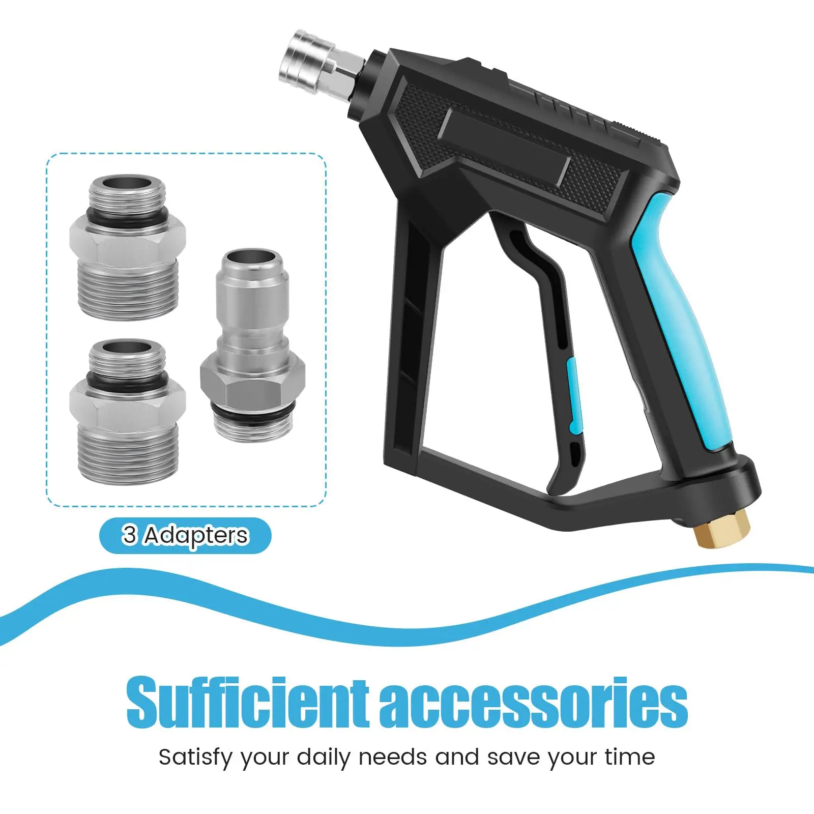 High Pressure Washer Short Gun with 1/4 Quick Connector, 26cm Pressure Cleaner with 3 Pcs 3/8 Adapter