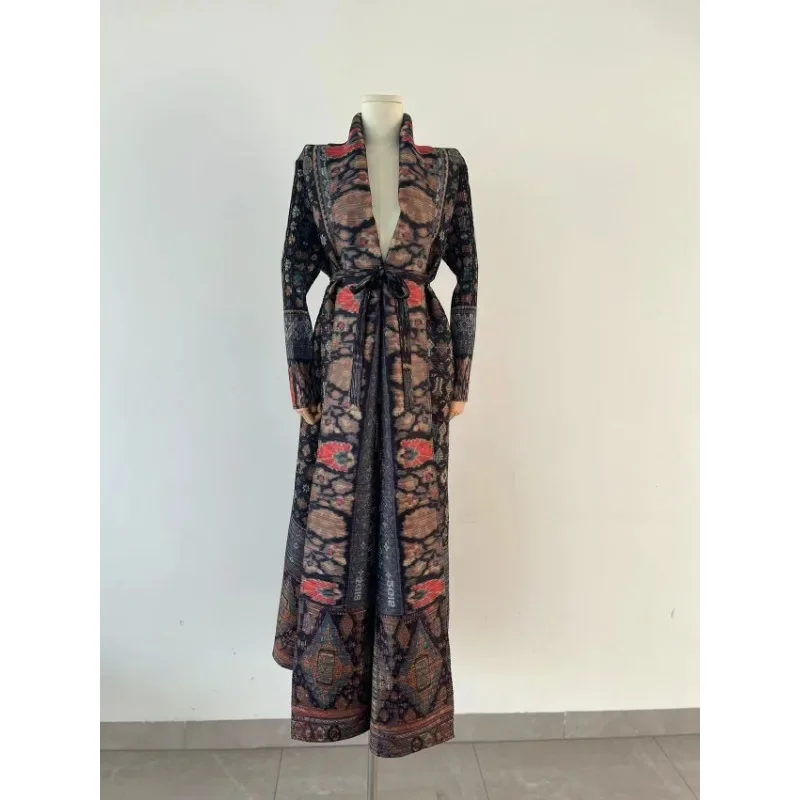 YUDX Miyake Pleated Collar Long Sleeved Retro Printed Dress Belt Women Dubai Designer Original Fashion Loose Coat 2024 SpringNew