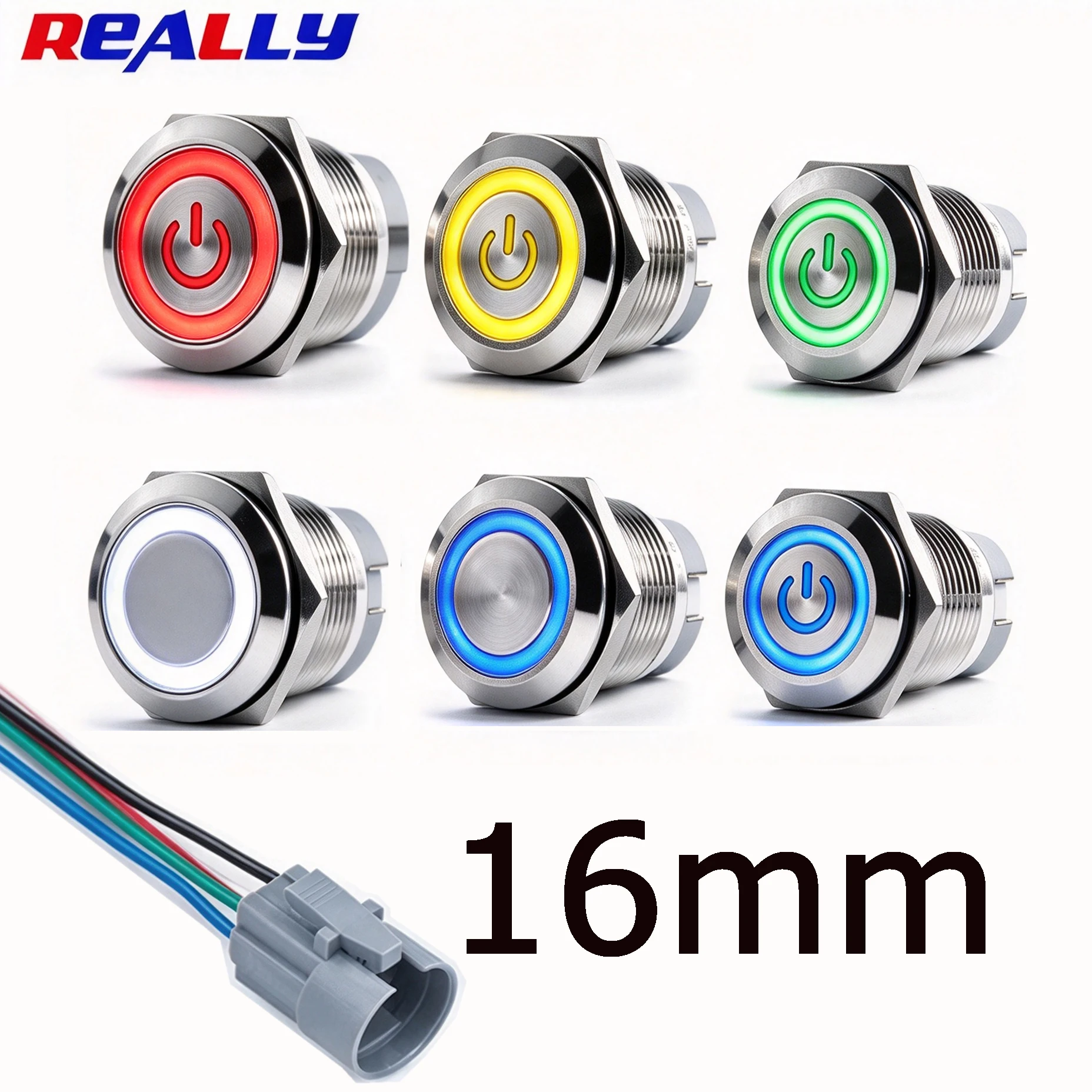 10PCS/5Sets 16mm Flush Head Ring LED Metal Push Button Switch with Socket, Waterproof, Power Symbol, Momentary & Latching Option