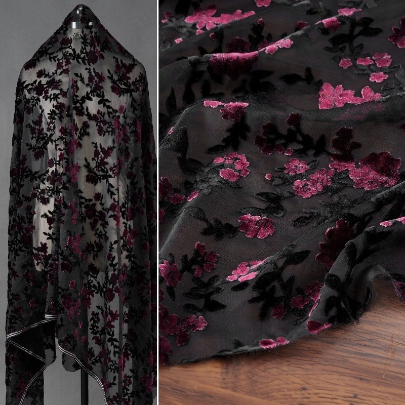 

Floral Flocking Mesh Fabric for Cheongsam Tops Dresses Fashion Clothing Diy Sewing Fabrics By The Meter Cloth Material