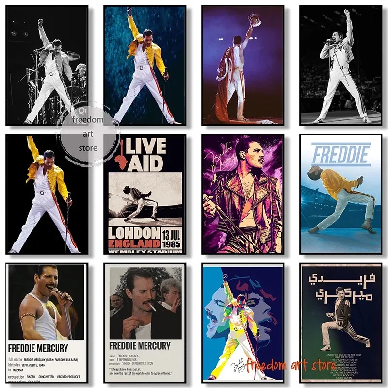 Vintage Famous Rock Singer Queen Freddie Mercury Portrait Music Art Canvas Poster Wall Art Poster Prints Canvas Painting Picture