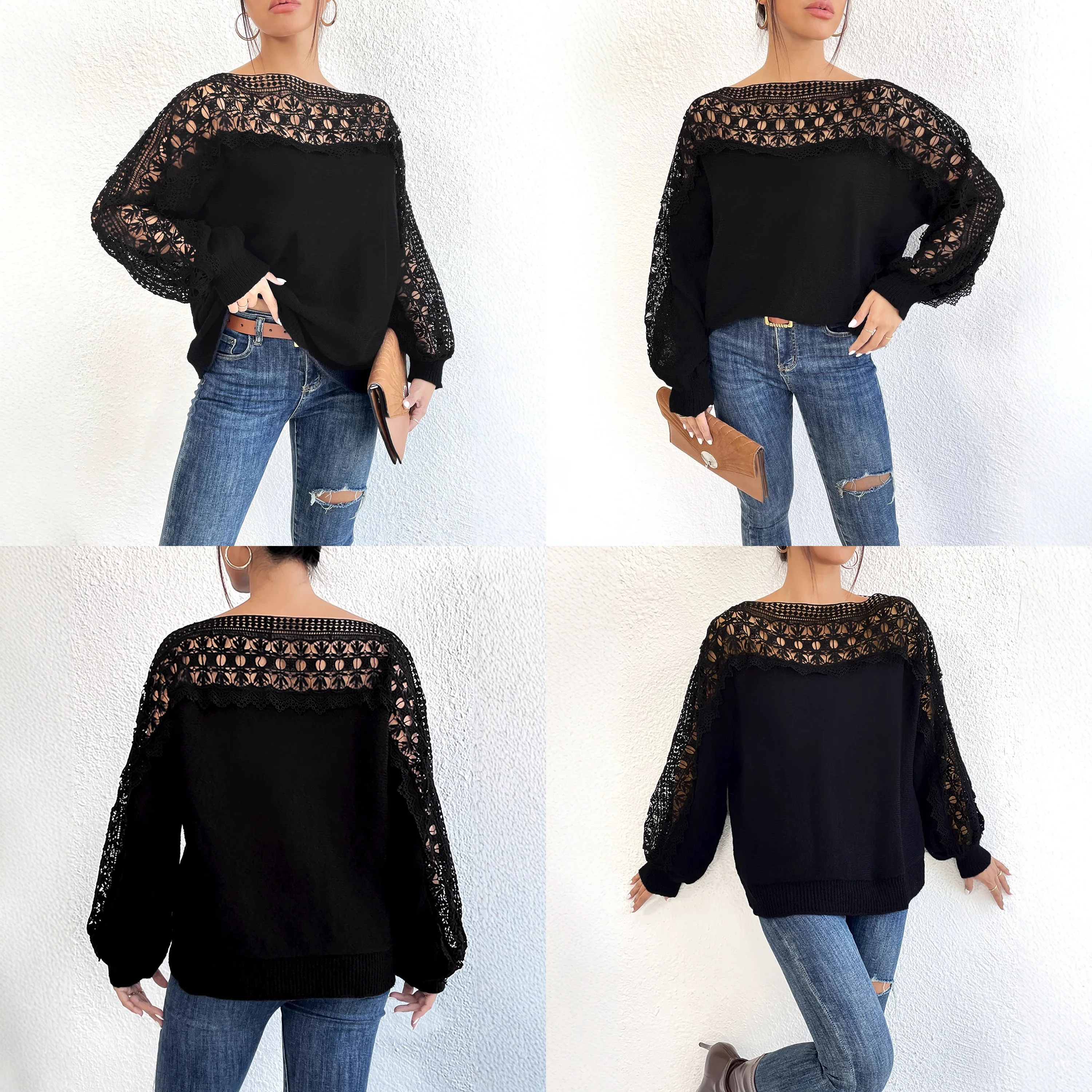 Spitzen-Patchwork Off-Shoulder Pullover mit Lochstickerei, Strickoberteil für Frühling und Sommer