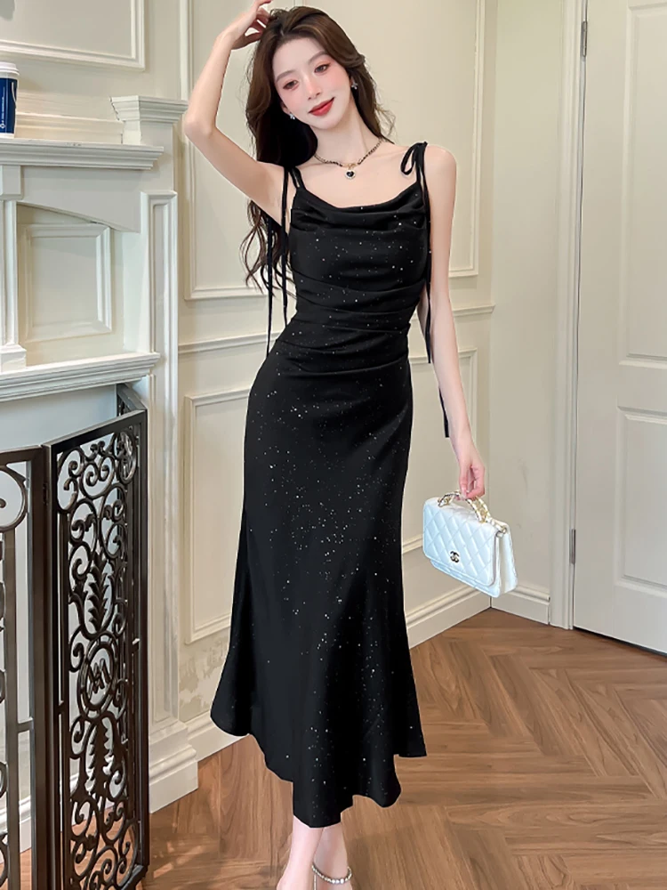 الصيف الأسود مشرق الحرير الساتان شيك القوس حبال مثير فستان طويل المرأة الكورية خمر فستان هيبورن 2025 أنيقة Bodycon فستان الحفلة الراقصة