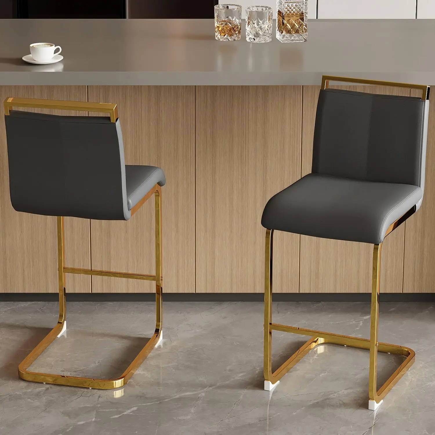 

Counter Height Bar Stools Set of 2,Bar Stools with Back,24" Grey Island Chairs with Gold Chrome Plated Metal Leg,Faux Leather