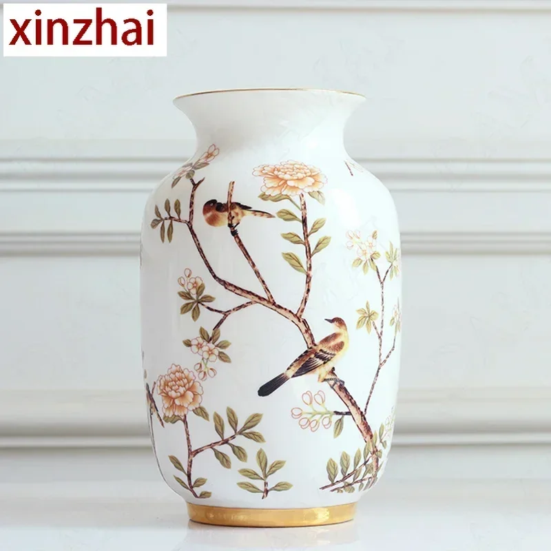 Modern Bone China Vase Manual Painted Little Bird Decor Flower Vases European Art Living Room Desktop Dried Flowers Organizer