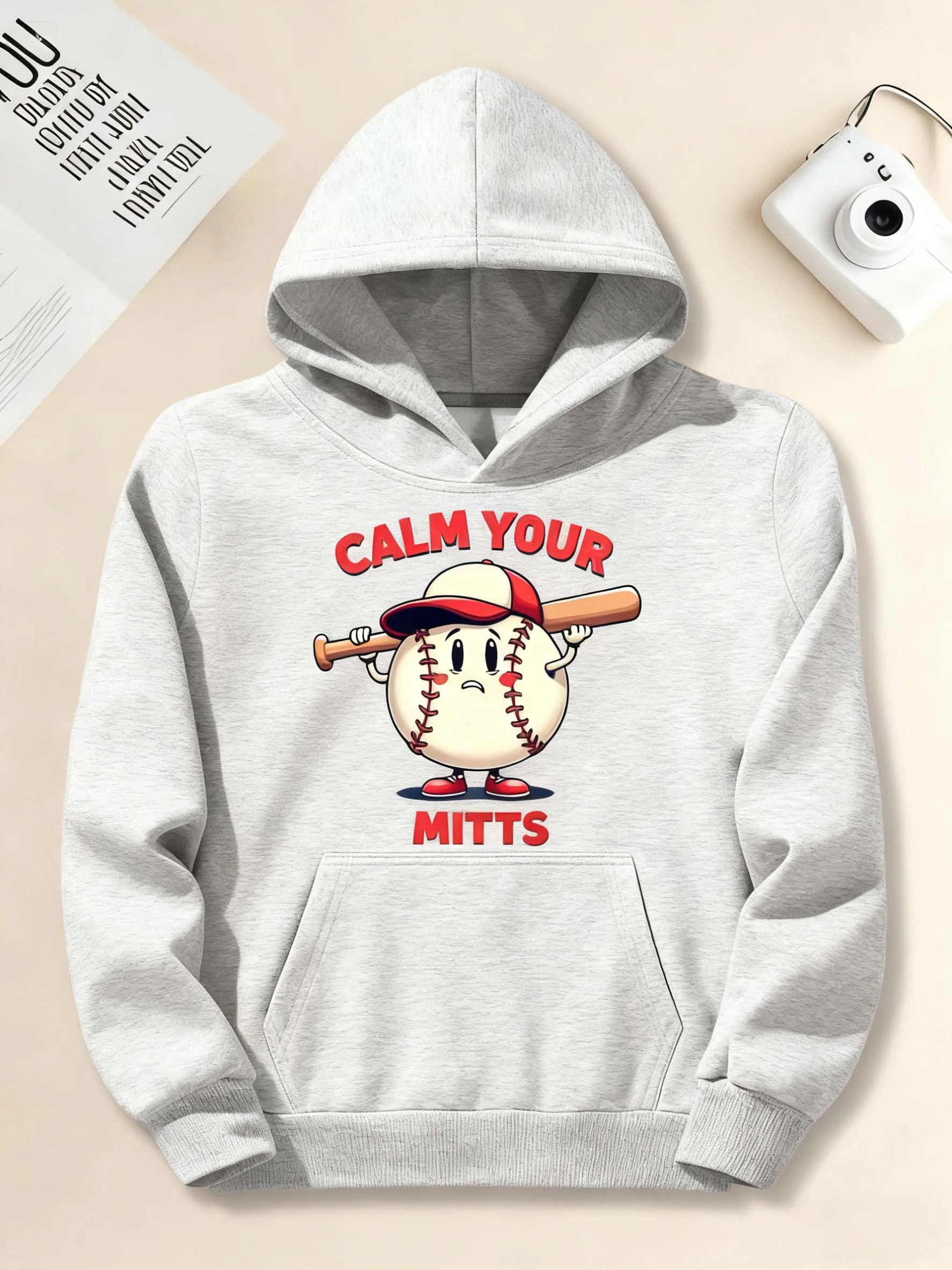 هوديي بنمط البيسبول للرجال - طباعة كرتونية مع كلمات حمراء، ملابس رياضية كاجوال مناسبة لعشاق البيسبول