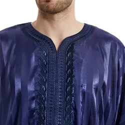 Satin Stripes Ramadan Muslim Dress Abayas Dubai Casual Kaftan Robe Islamic Short Sleeve Jubba Thobe for Mens Middle East Clothes