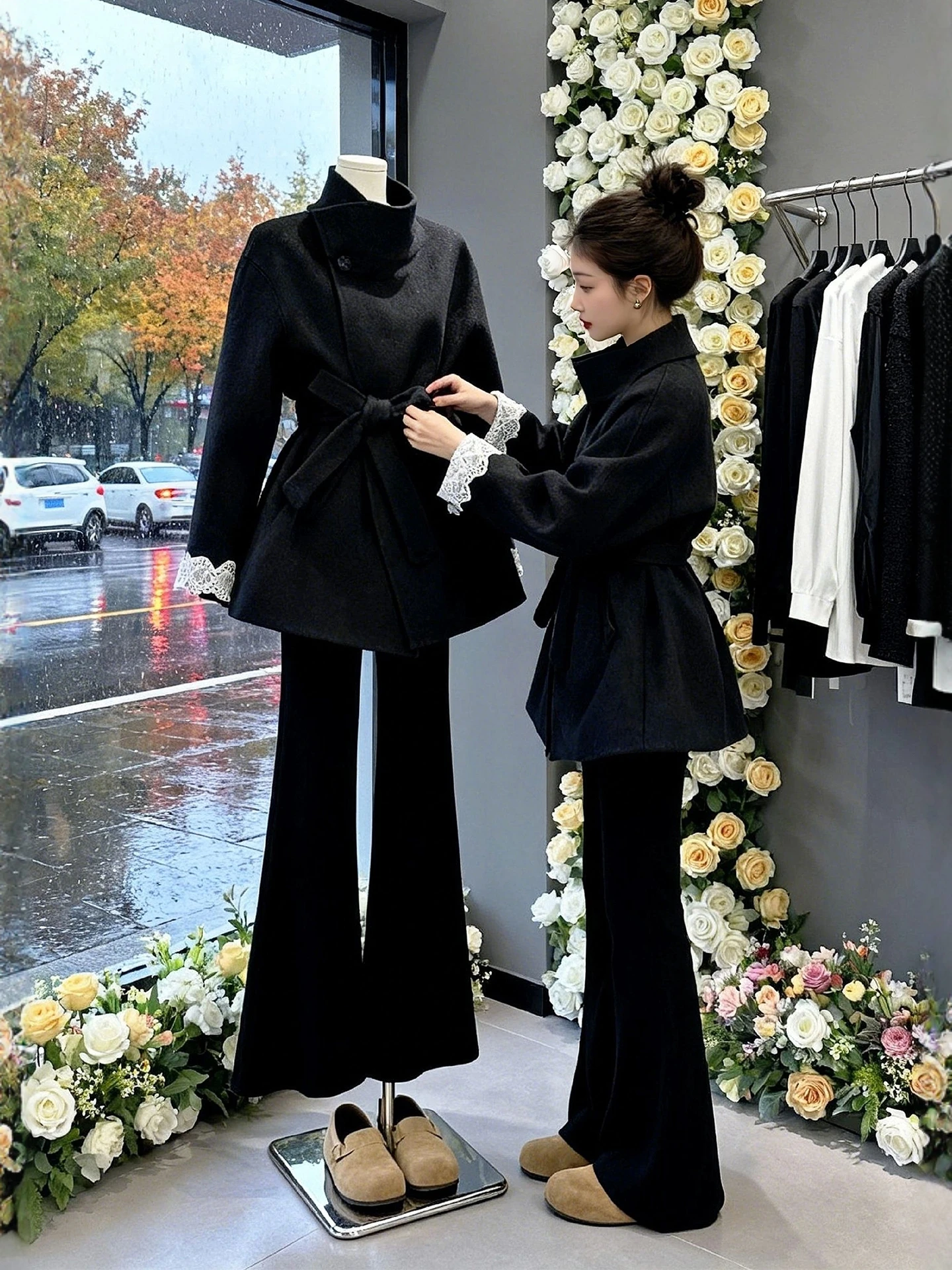 

Bla Woolen Coat And Pants Set for Women plus Size Loose Fit Korean Sle Casual Wear Winter Faion Ensemble High Waist