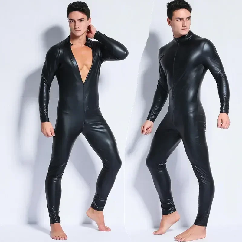 

Plus Size S-3XL Sexy Men Catsuit Faux Leather Two Way Long Zipper Crotch Bodysuit Night Club DS Jumpsuit Lingerie Costume