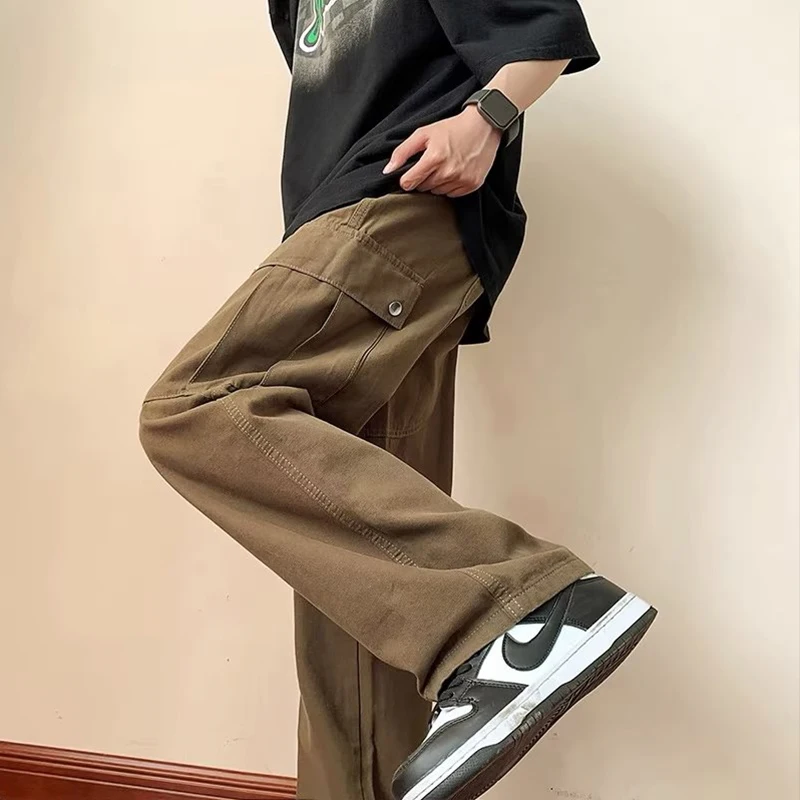 Pure Color Japanese Style Men's Casual Pants Wide Leg Pocket Drawstring Straight Leg Loose Fit Street Style Workwear Trousers