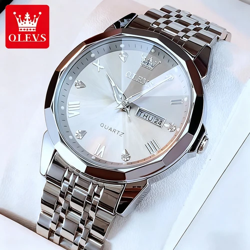 Imagen 2 del producto OLEVS-relojes inteligentes informales para hombre, de pulsera de cuarzo Original de acero inoxidable, con espejo rombo, resistente al agua, con fecha y semana luminosa