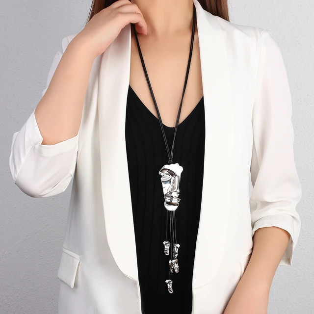 Amorcome Ethnic Silver Color Tribal Human Face Long Necklace Black Leather Rope Bohemian Large Tassel Pendant Necklaces Jewelry