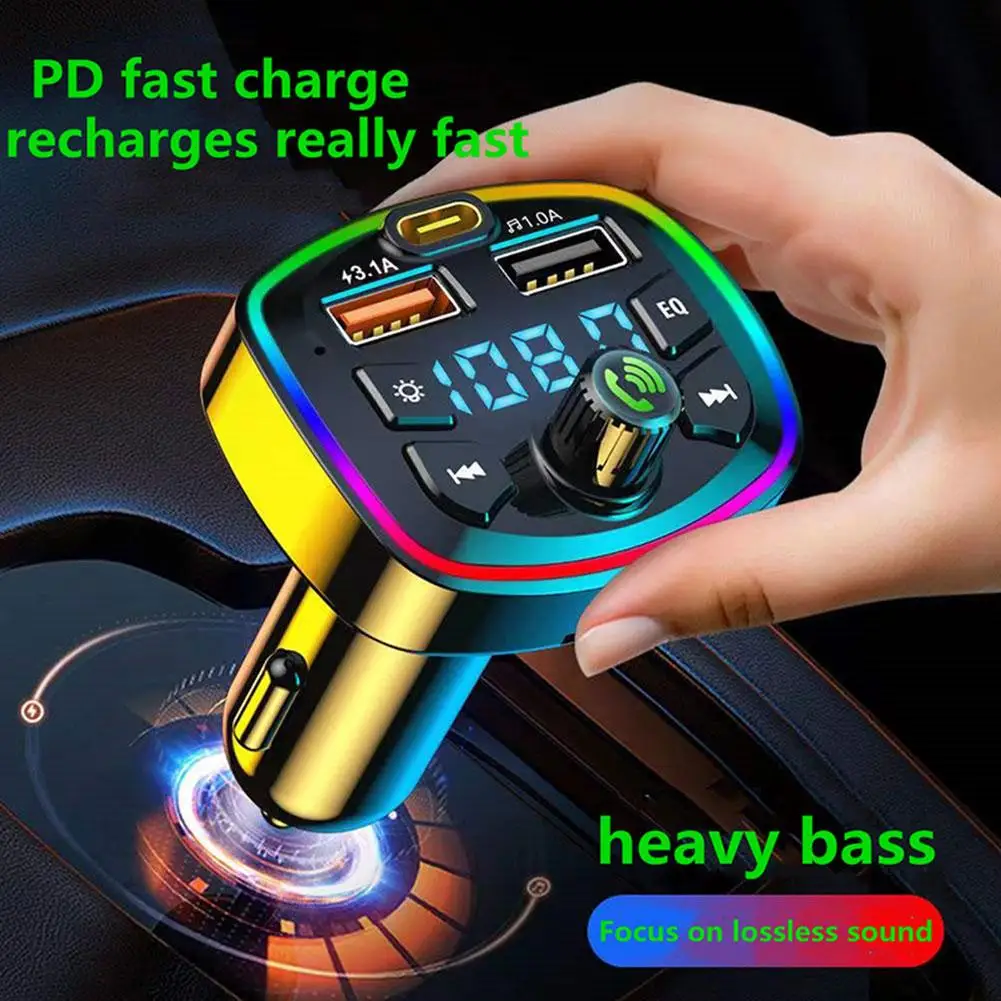 Car Bluetooth 5.0 FM Transmitter PD 18W Type-C Dual USB 4.2A LED Backlit Atmosphere Light MP3 Player Lossless Music