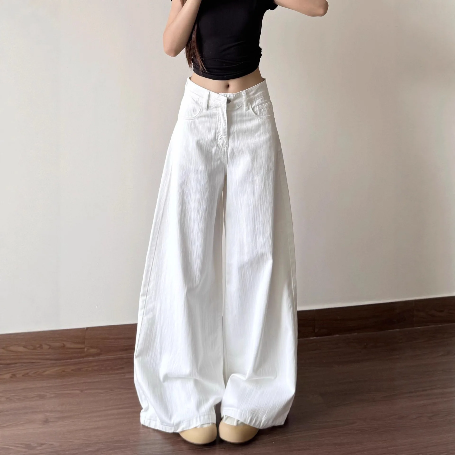 2026 New Women White Low Waist Wide Leg Jeans Straight‑Leg Loose Slim Casual Denim Pants for Petite Ladies Daily Outfit