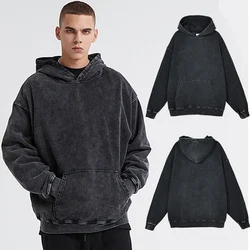 Vintage Black Acid Wash Cotton Hoodies for Men Women Spring Autumn Hooded Sweatshirts Casual Baggy Loose Fit Pullover Tops