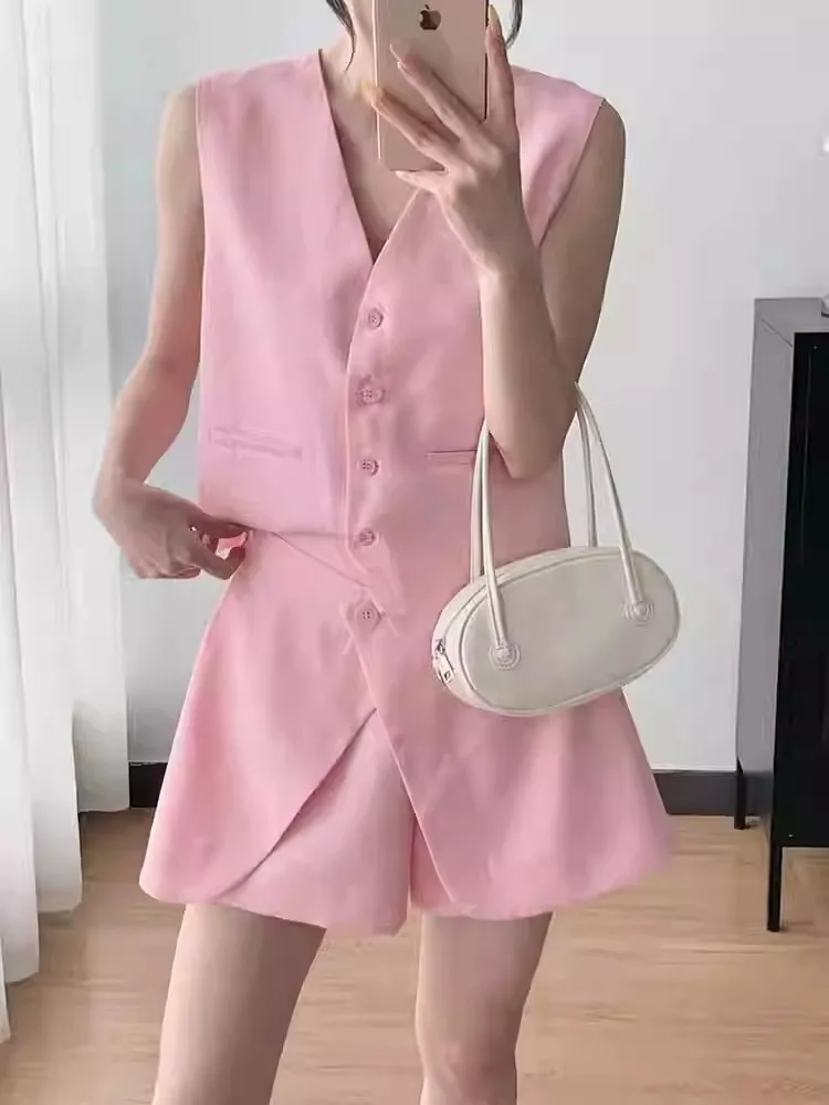 Summer New Women Single Breasted V-Neck Pink Vest Coat or Shorts Skirt